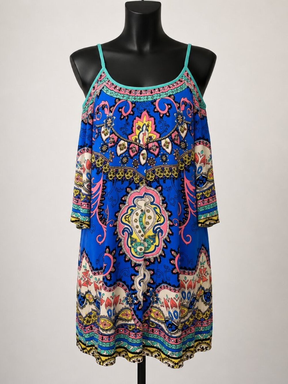 Flying Tomato Blue Paisley Cold Shoulder Dress Small Boho Mini Adjustable Straps